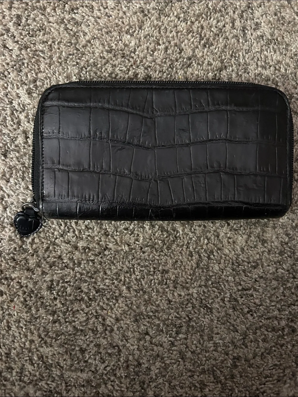 Brighton Black Croc-Embossed Zip Wallet with Silver Corner Accents